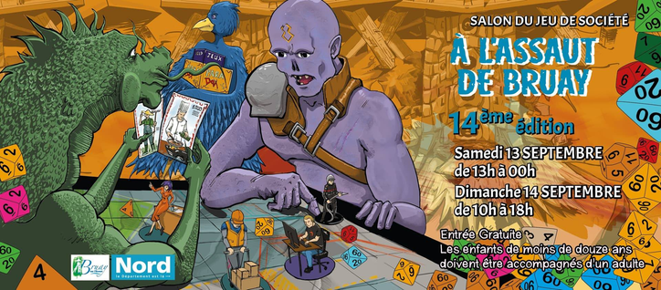 Affiche promotionnelle pour le Salon du Jeu de Société : À L’ASSAUT DE BRUAY, un événement dédié aux jeux de société 
🎨 Éléments visuels
- Univers fantastique : L’illustration met en scène un dragon vert, une créature humanoïde violette et un personnage à l’allure d’oiseau, tous plongés dans des parties de jeux de société.
- Dés colorés : Des dés polyédriques multicolores sont dispersés dans l’image, évoquant les jeux de rôle et les mécaniques de jeu complexe