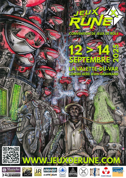 Affiche de la convention 
🎨 Ambiance visuelle
- Style science-fiction/fantasy : Deux personnages humanoïdes en armure futuriste se tiennent dans un couloir rempli de capsules rouges, certaines contenant des silhouettes humaines.
- Portail mystique : À l’arrière-plan, une source d’énergie ou un portail aux teintes bleues et roses éthérées ajoute une touche surnaturelle.