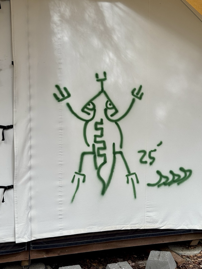A stylized lizard in green spray paint on the side of an abandoned never-used tent in a failed glamping project. The lizard is signed “sss” with a year designation of 2025.