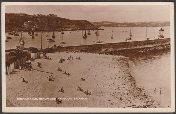 Sepia real photographic postcard showing a view of the breakwater, beach and harbour at Brixham in Devon.

Published by Millar & Lang, Glasgow, M & L National Series, not numbered, c.1940s.

Postally unused, but with short message.

Good condition, with slight corner bumps, but small crease to top right corner.