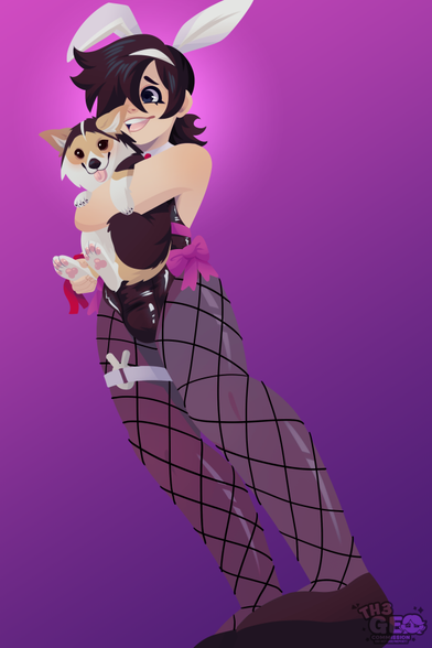- Drawing Type:
Normal Style / Lineless / Fullbody

- [ 2 ] Character/s:
* Human / Male
* Pet / Dog

- Background:
Simple

- Description:
Drawing of Rio, the OC of my bestie, in the outfit of Hatsune Miku from the song "Rabbit hole", holding his pet while making a big smile