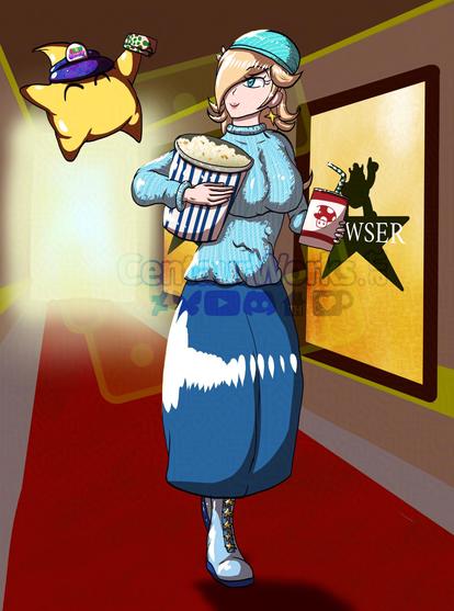 Rosalina (A woman with blonde hair and a bang/fringe over her right eye) is wearing a hat and blue turtleneck while walking thru the halls of a theater on the way to see a movie, holding a large popcorn and a drink in her hands. A luma (a yellow star-like being the size of her head) is following her with Mario Galaxy hat while holding a box of snacks.