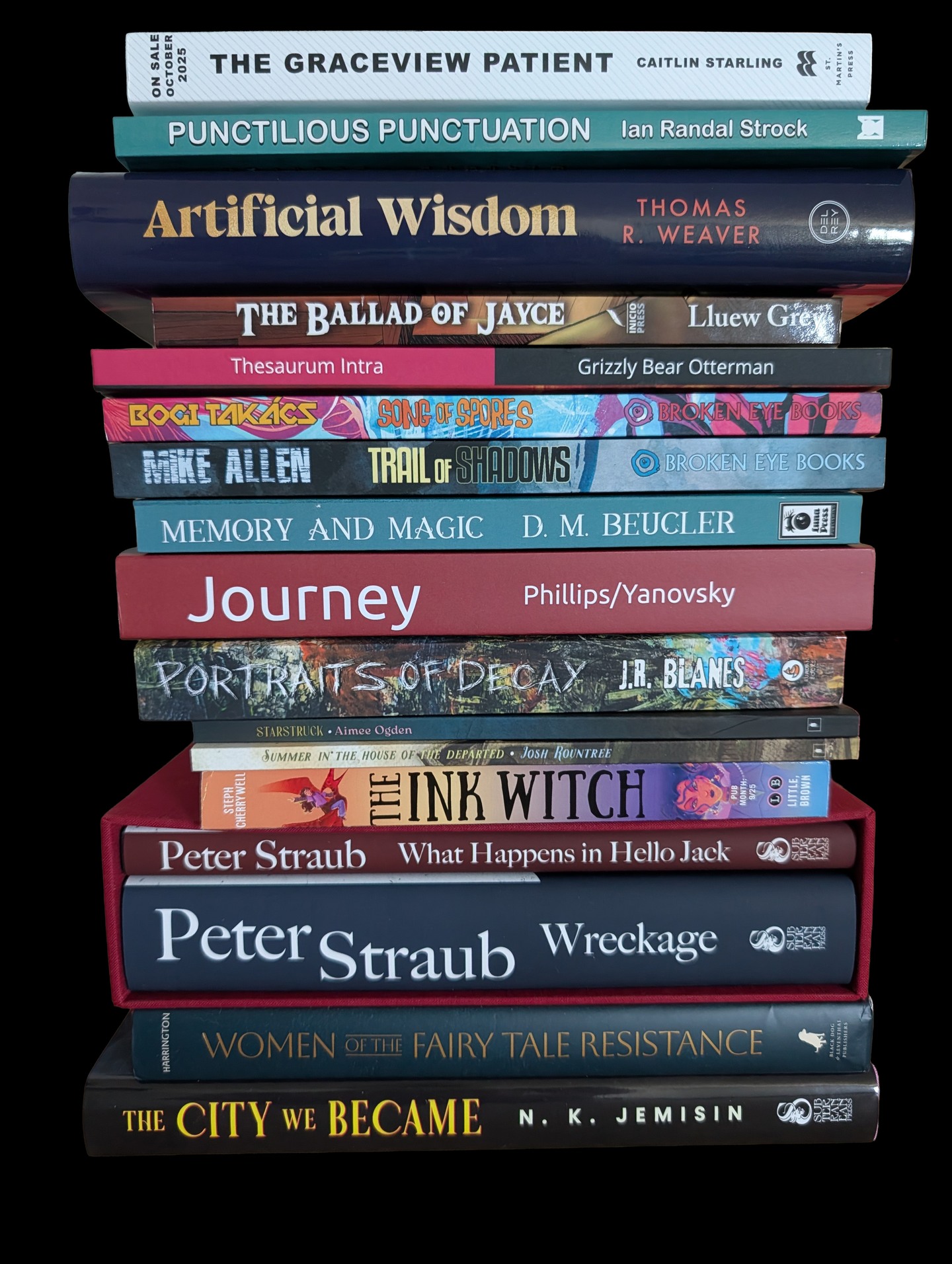 The Graceview Patient, Caitlin Starling; Punctilious Punctuation, Ian Randal Strock; Artificial Wisdom, Thomas R. Weaver; The Ballad of Jayce, Lluew Grey; Thesaurum Intra, Grizzly Bear Otterman; Song of Spores, Bogi Takacs; Trail of Shadows, Mike Allen; Memory and Magic, D.M. Beuchler; Journey, Phillips/Yanovsky; Portraits of Decay, J.R. Blanes; Starstruck, Aimee Ogden; Summer in the House of the Departed, Josh Rountree; The Ink Witch, Steph Cherrywell; What Happens in Hello Jack/ Wreckage, Peter Straub; Women of the Fairy Tale Resistance, Jane Harrington; The City We Became, N.K. Jemisin
