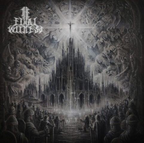 The album cover for Beneath the Altar by The Final Witness, out August 15th on Rottweiler Records. The artwork shows a towering gothic cathedral rising from mist, bathed in radiant light from a crucifix above. Legions of armored figures gather below, while ghostly demons and tormented faces swirl in the skies, creating an apocalyptic, dark-fantasy atmosphere.