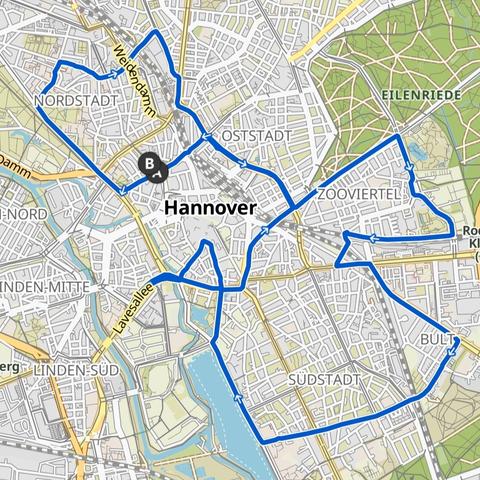 Karte von Hannover. Eine blaue Linie, die die Route der letzten Velo City Night im Jahr 2025, mit einem Start- und Endpunkt (A und B) zeigt.
