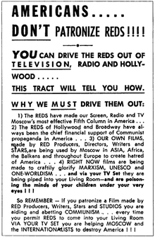 A poster from the 1950s, “McCarthyism” … ‘a political practice defined by the political repression and persecution of left-wing individuals and a campaign spreading fear of communist and Soviet influence on American institutions and of Soviet espionage in the United States during the late 1940s through the 1950s, heavily associated with the Second Red Scare, also known as the McCarthy Era.’ 

source https://en.wikipedia.org/wiki/McCarthyism