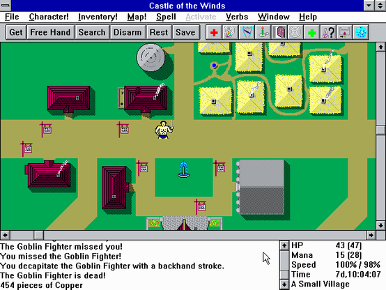 Screenshot of "Castle of the Winds" that I stole from somewhere via an image search. The player, represented by an icon of a shirtless guy with no legs, is standing in the middle of a village. Some buildings have signs outside, which I seem to recall means those are shops you can enter.