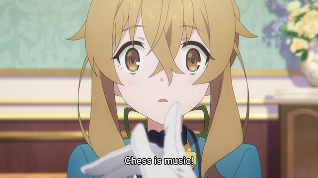 Screenshot of a schoolgirl looking shocked as a finger is pointed at her
Subtitle: Chess is music!