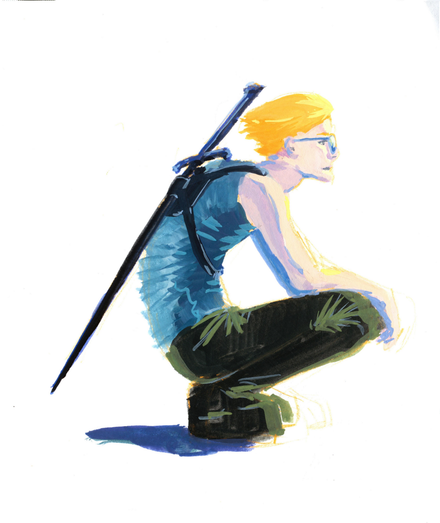 A person with orange hair wearing round sunglasses. They're crouched on their haunches with a big ol sword on their back. Their shirt is blue, pants dark green. The shading is in pastel blues, purples, oranges.