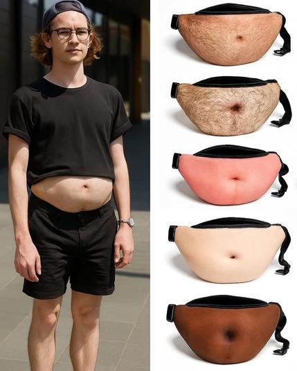 A human with what looks like their belly sticky out. 

A selection of fanny packs that look like bellies.