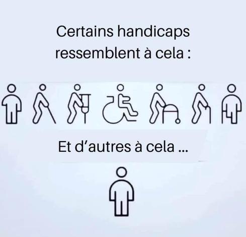 Image où y a écrit "certains handicaps ressemblent à cela", en-dessous on peut voir différents pictogrammes de bonhommes ayant des handicaps visibles physiquement. Ensuite encore en-dessous y a écrit "et d'autres à cela", on peut voir après un bonhomme sans handicap physique visible mais qui en a peut-être un ou psychique, sachant que le corps et l'esprit sont liés intrinsèquement.