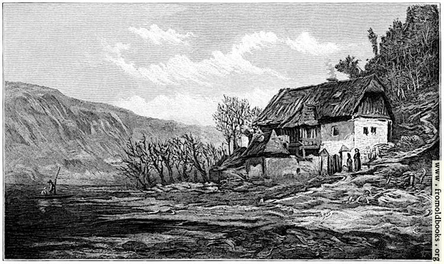 Black and white engraving. Two people stand looking at a somewhat delapidated farmhouse, complete with outbuildings, that stands on the side of a hill at the shore of the River Vltava. On the water, two people in a punt or small boat. Smoke rises from the farmhouse chimney. In the background, steep hills or mountain foothills.