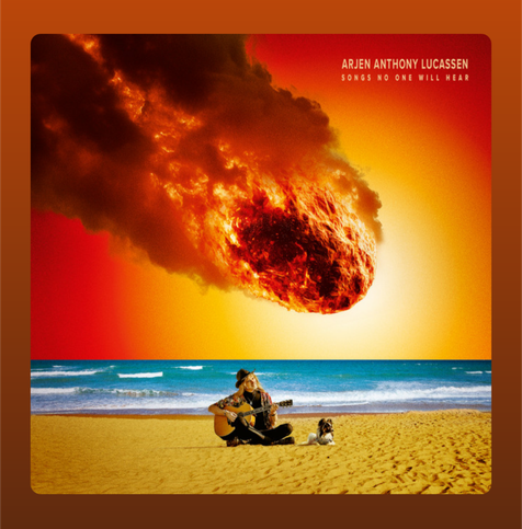 A fiery meteor or plunges from a glowing orange-red sky toward a horizon over a barren seascape and beach. On the beach a man with a hat (maybe the artist itself) sits and plays guitar for a small Dog that ist laying beside him. The lighting is dramatic, with intense warm tones in the sky contrasting against the darker tones of the foreground. The album title Songs No One Will Hear and artist name appear in minimal, white or light-colored text in the top right corner, visible but not obscuring the central imagery.
