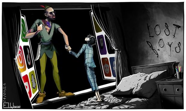 Tate in clownspak die jonge jongens meetrekt uit hun troosteloze wereld naar een kleurrijke wereld