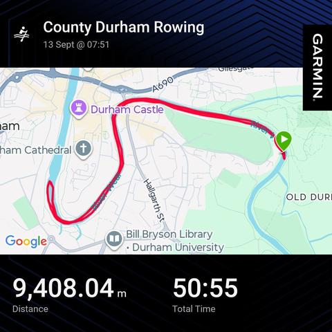 Garmin activity showing a rowing session 9.4km 51min the image is a map of the river wear curling from DARC along the race course and down around the peninsula.