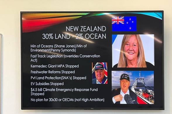 A slide from Lou Sanson's seminar, showing New Zealand's backwards progress in conservation. Unlike Australia, NZ has decided not to join the 122 other countries that have signed up to the High Ambition Coalition for Nature and People.
The text of the slide reads as follows.
NEW ZEALAND
30% LAND - 2% OCEAN
Min of Oceans (Shane Jones)/Min of
Environment(Penny Symonds)
Fast Track Legislation (overrides Conservation
Act)
Kermedec Giant MPA Stopped
Freshwater Reforms Stopped
Pvt Land Protection(SNA's) Stopped
EV Subsidies Stopped
$4.5 bill Climate Emergency Response Fund
Stopped
No plan for 30x30 or OECMs (not High Ambition)