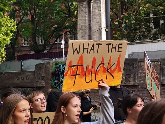 Menschen mit Transparent: What the FUCK