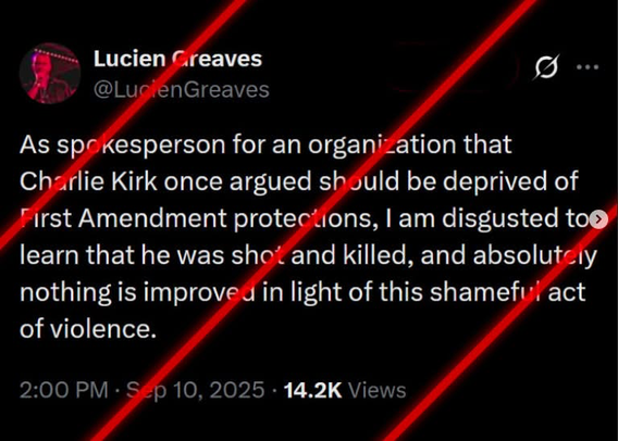Lucien Greaves
As spokesperson for an organization that Charlie Kirk once argued should be deprived of First Amendment protections, I am disgusted to learn that he was shot and killed, and absolutely nothing is improved in light of this shameful act of violence.
