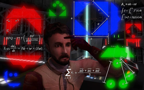 Kyle Katarn, o protagonista do Star Wars: Jedi Knight II, Jedi Outcast, nunha pose similar o meme da muller mentres aparecen moitas formulas matemáticas cos símbolos duns códigos que había que atopar para activar unha pasarela na primeira misión do xogo, Kejim Outpost, en cores Vermella Azul e Verde.