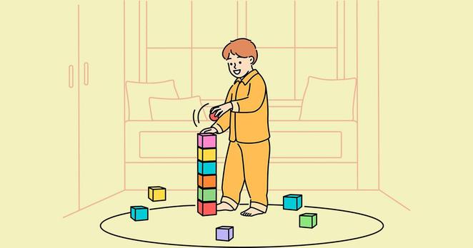Illustration d’un enfant en pyjama qui empile des cubes colorés dans son salon. Une métaphore visuelle du « futur HPI » que les familles croient construire, alors que ce jeu innocent rappelle surtout que chaque enfant est unique sans étiquette ni test.