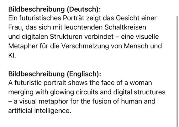 Bildbeschreibung (Deutsch):
Ein futuristisches Porträt zeigt das Gesicht einer Frau, das sich mit leuchtenden Schaltkreisen und digitalen Strukturen verbindet - eine visuelle Metapher für die Verschmelzung von Mensch und
KI.
Bildbeschreibung (Englisch):
A futuristic portrait shows the face of a woman merging with glowing circuits and digital structures
- a visual metaphor for the fusion of human and
artificial intelligence.🖖
