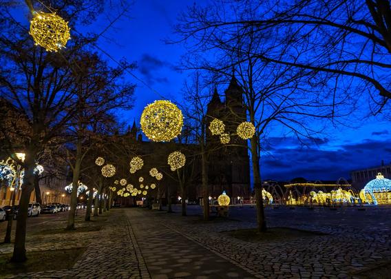 A night-time, eye-level shot of a cobblestone street and square decorated with illuminated festive lights. The trees lining the street are bare and strung with large, spherical, yellow lights. The street leads to a large, dark cathedral in the background, also decorated with golden lights. The sky is a deep, dark blue with some visible clouds. There are other bright, arched light displays in the far right of the scene. The overall atmosphere is festive and wintry.