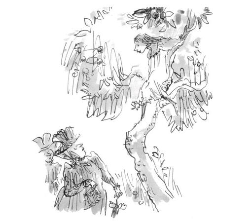 An illustration to Saki’s “The Boar-Pig”, by Quentin Blake: a dark-haired young girl, wearing an Edwardian-era frock, is sitting up a tree. She is looking down, smiling, at two ladies wearing Edwardian finery, with puffed shoulders, gloves, and elaborate hats. One lady is just peeking into the frame of the picture; the other, a robust woman carrying a small handbag in one hand an a furled parasol in the other, is looking up at the young girl in some dismay.