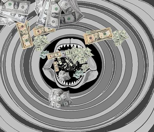 An illustration of the open skeletal jaws of a Megalodon with US currency bills falling into them, surrounded by concentric whirlpool rings of varying shades of grey.