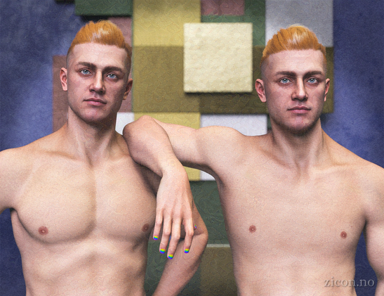Two nearly identical men standing side-by-side, one leaning his arm on the other's shoulder. The only difference between them is that one has defined pecs, while the other's chest is completely smooth and flat.