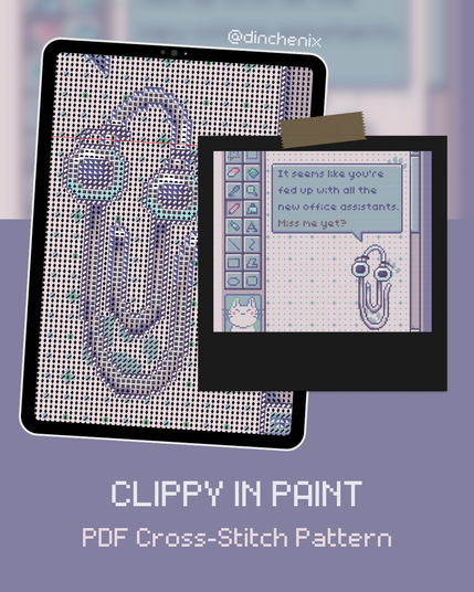 preview graphic showing part of the cross stitch pattern displayed on an tablet and the full artwork on a polaroid, plus the title that reads Clippy in Paint, PDF cross-stitch pattern