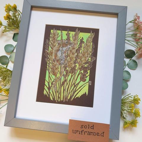 A small drawing of a little harvest mouse climbing a wheat stalk, there is a background in green with more wheat behind the mouse. The drawing is on dark brown pastel paper.
The tiny harvest mouse lives in long grassland, reedbeds, hedgerows, farmland and around woodland edges.
An original art work
Colour pencil and mixed media on acid free toned artist paper
5 by 7 inches (12.7 by 17.8 cm).
Sold unframed