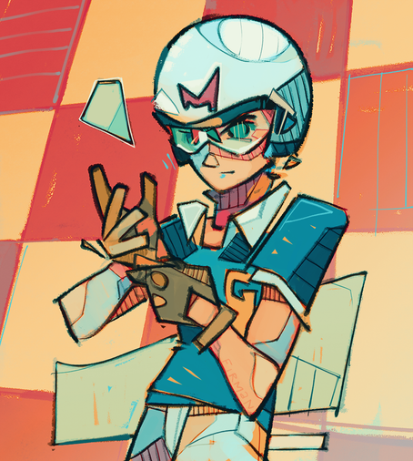 An illustration of Go Mifune (Speed Racer) pulling on a driving glove and staring intently through the visor and brow of his racing helmet.  He is in front of a very desaturated red & yellow checkerboard pattern.