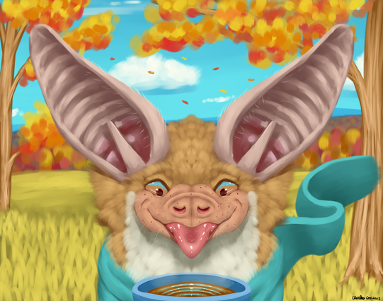 A forward facing portrait of a cute pallid bat wearing a teal scarf with an autumn background featuring yellow grasses, a couple autumn trees on either side of the frame, and rolling autumn forest hills into the horizon. The sky is partly cloudy and a few autumn leaves can be seen falling down.  The bat looks down in front of themselves with a happy expression on their face as their tongue is blepped out. Before them is a blue cup of autumn tea. They begin to lean down and take a sip.