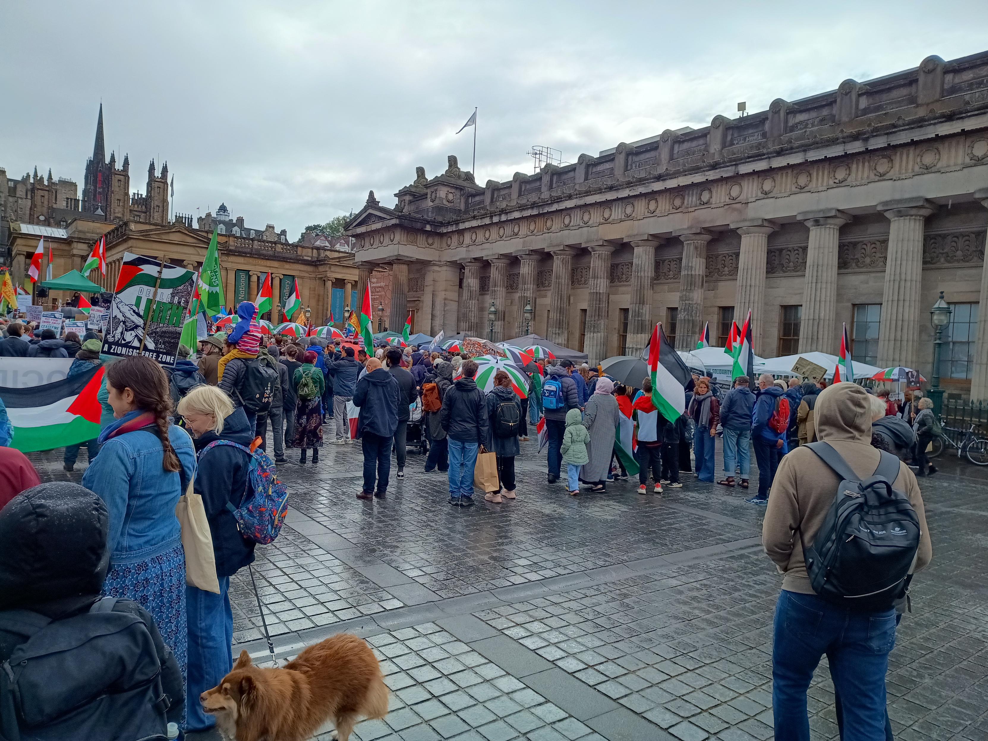 The crowd demonstrating for Gaza outside the Scottish National Gallery in a wet Edinburgh