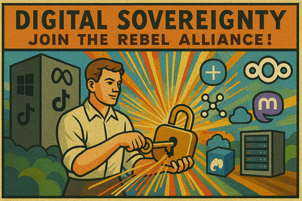 Comicstil, 16:9. Links thront ein grauer Monolith mit den Logos von Microsoft, Meta und TikTok, gesichtslos und massiv. Im Vordergrund ein Protagonist, der ein goldenes Vorhängeschloss mit einem Schlüssel öffnet – daraus strahlen bunte Datenströme in alle Richtungen. Rechts im Bild Symbole für föderierte Dienste: Nextcloud-Wolke, Matrix-Knoten, Mastodon-Elefant und ein Serverrack, freundlich und konstruktiv dargestellt. Oben ein Banner in kräftigen Farben: „Digital Sovereignty – JOIN THE REBEL ALLIANCE!“.