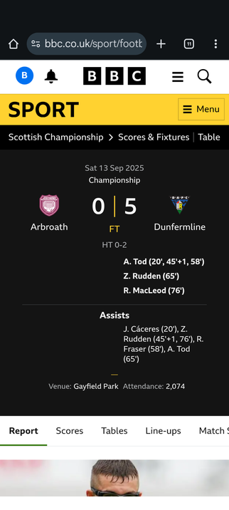 Screengrab of bbc sportswebsite 
Showing score
0-5 
Mon the pars