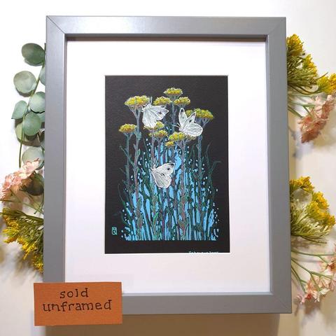 A drawing of 3 Cabbage White butterflies perched on tall yellow flowers with a blue background to the lower area of the composition. The drawing is on Black paper.
The Cabbage White butterfly is a species that thrives in diverse habitats, these small to medium-sized white butterflies with dark wingtips and spots are a familiar sight, fluttering in abundance during late spring and summer.
An original art work
Colour pencil and mixed media on acid free toned artist paper
5 by 7 inches (12.7 by 17.8 cm).
Sold unframed