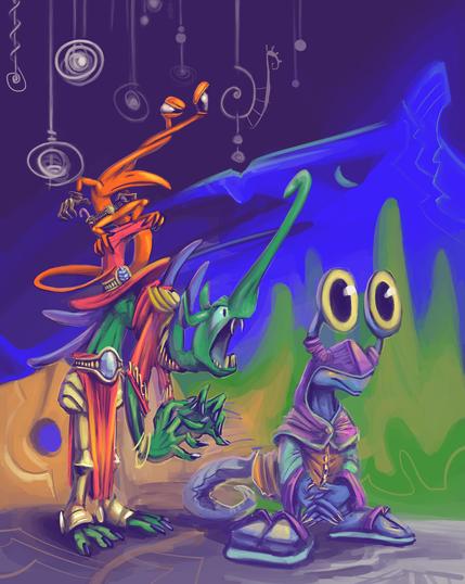 a creature with very large eyes protruding from its head via a pair of snail-like eye stalks is shouted at by a green creature with an enormous nose and prominent back spikes, one of which is wearing a large hat that is perched upon by a smaller orange creature but also with long eye stalks and a gun belt with a texas buckle and implied candy canes instead of guns.  in front of a mostly abstract blue, green and yellow background