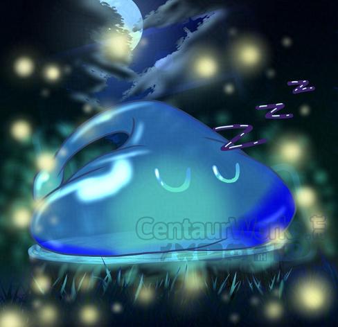 A slime creature known as a Basalee with a dark blue slime coating and a Teal soul glow is sleeping peacefully on a stump in the middle of the woods. It's body squishing with each intake and outtake of snores, as the glow from it's soul gently goes across the forest cloaked in night. Fireflies go around it as the moon pokes thru the trees.