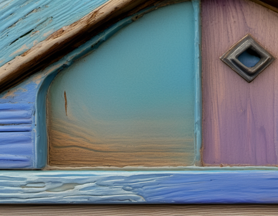 Detail of weathered, patchwork wooden wall, painted in pastel blue, teal, and purple with geometric shapes and calming seaside tones.