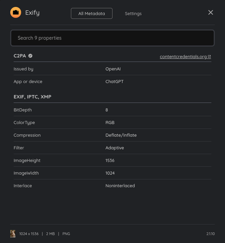 Sur le site de ChatGPT, Exify affiche les métadonnées relatives à C2PA.