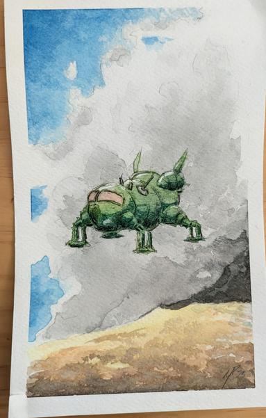 A watercolor and colored pencil drawing of Red Dwarf's Starbug flying low over a tawny field in front of a voluminous white cloud.