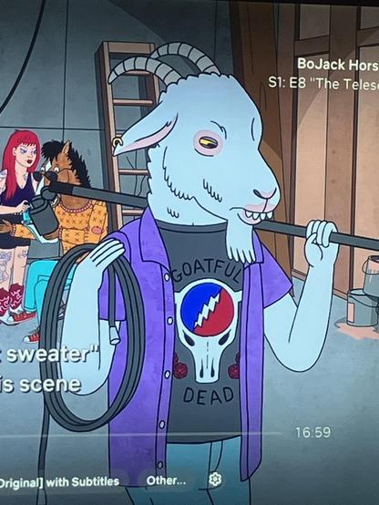 A screenshot from the show BoJack horseman showing a goat wearing a goatful Dead shirt
