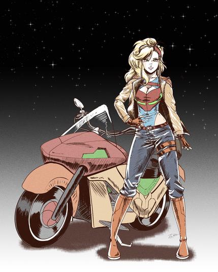 A digital cartoon of Samus Aran from Metroid standing in front of a motorcycle. The vibes are somewhere between an 80's sci-fi cartoon and vapor wave, and they are immaculate. The style language is pretty futuristic, but ultimately everything depicted could have actually existed in the 80's. It gives the piece a timeless, retro-futurism feel.
I really enjoyed this art! Check the rest of the thread for an extended image description.