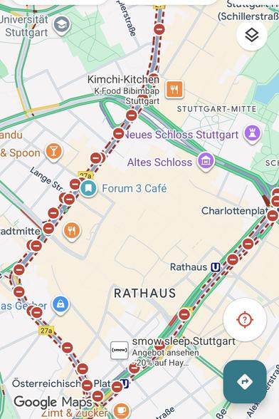 Ein Screenshot aus Googlemaps vom Innenstadtring Stuttgart. Die Hauptverkehrsstrassen sind mit einem "Einfahrtverbotenschild" markiert wegen dem Brezelrace, Jedermann Radrennen und dem Frauen Elite Rennen Women Cycling Grand Prix.