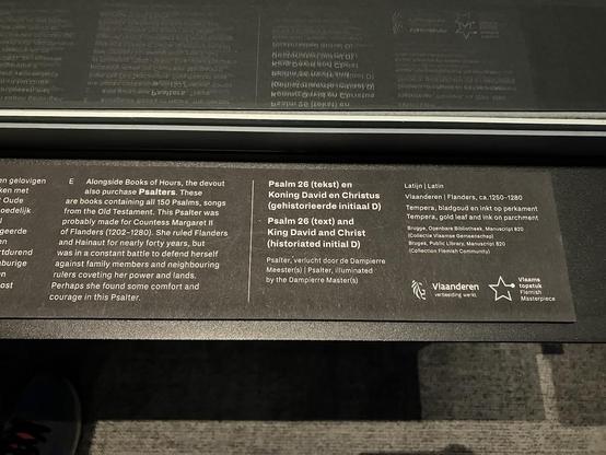 Accompanying text for the Psalter, illuminated by the Dampierre Masters, Flanders, ca. 1250-1280:

"Alongside Books of Hours, the devout also purchase Psalters. These
are books containing all 150 Psalms, songs from the Old Testament. This Psalter was probably made for Countess Margaret HI of Flanders (1202-1280). She ruled Flanders and Hainaut for nearly forty years, but was in a constant battle to defend herself against family members and neighbouring rulers coveting her power and lands. Perhaps she found some comfort and courage in this Psalter."