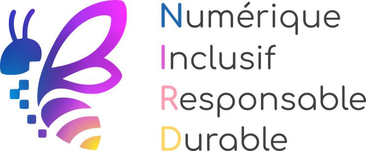 Logo de la démarche NIRD.
À gauche : une abeille avec quelques pixels couleurs dégradés bleu violet rose et jaune. 
À droite il est écrit numérique inclusif responsable durable.