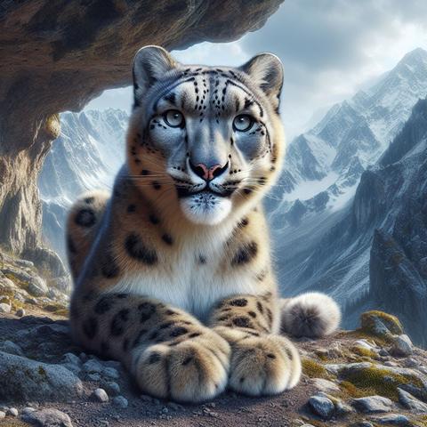 KI Bild. Ein jung wirkender Schneeleopard liegt mit ausgestreckten Vorderpfoten und erhobenen Kopf auf einem Felsvorsprung in einer Berglandschaft und schaut aus dem Bild heraus.