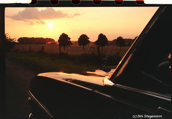 Sommerabend bei Billerbeck: Ein Mercedes-Benz W114 auf der Landstraße, dahinter Mähdrescher im Staub des glutroten Himmels – Nostalgie trifft Erntezeit.