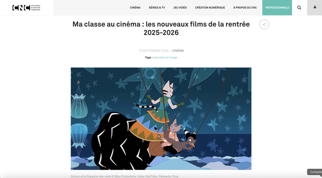 Page « Les nouveaux films de la rentrée 2025-2026 » du CNC, avec un phonogramme tiré du film d’animation « Sirocco et le Royaume des vents »